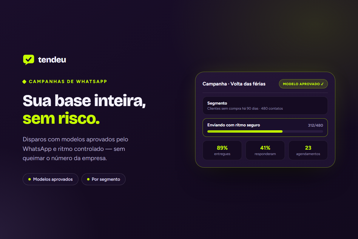 Sua base inteira, sem risco — Campanhas de WhatsApp na plataforma tendeu