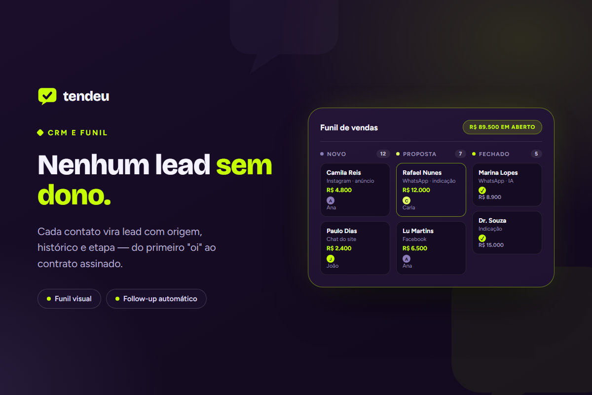 Nenhum lead sem dono — CRM e funil na plataforma tendeu